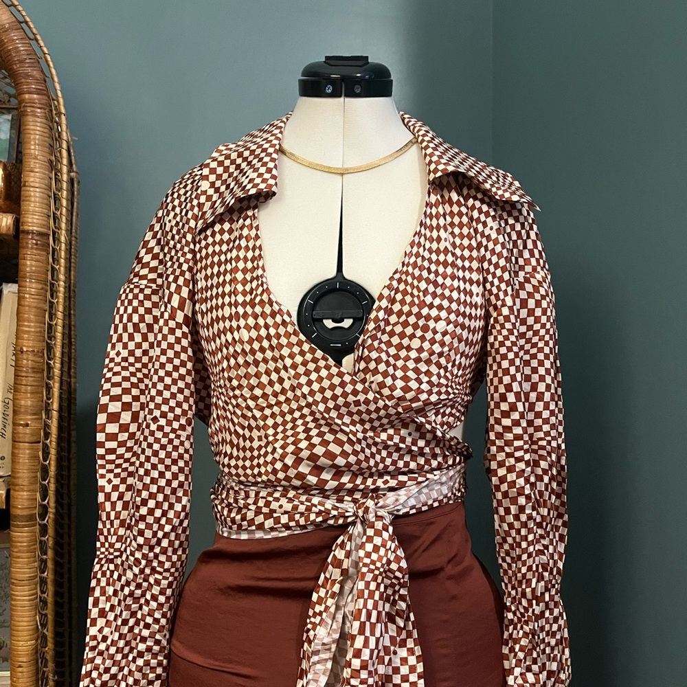 Ronny Kobo burnt orange checkered, wrapped, crop top
